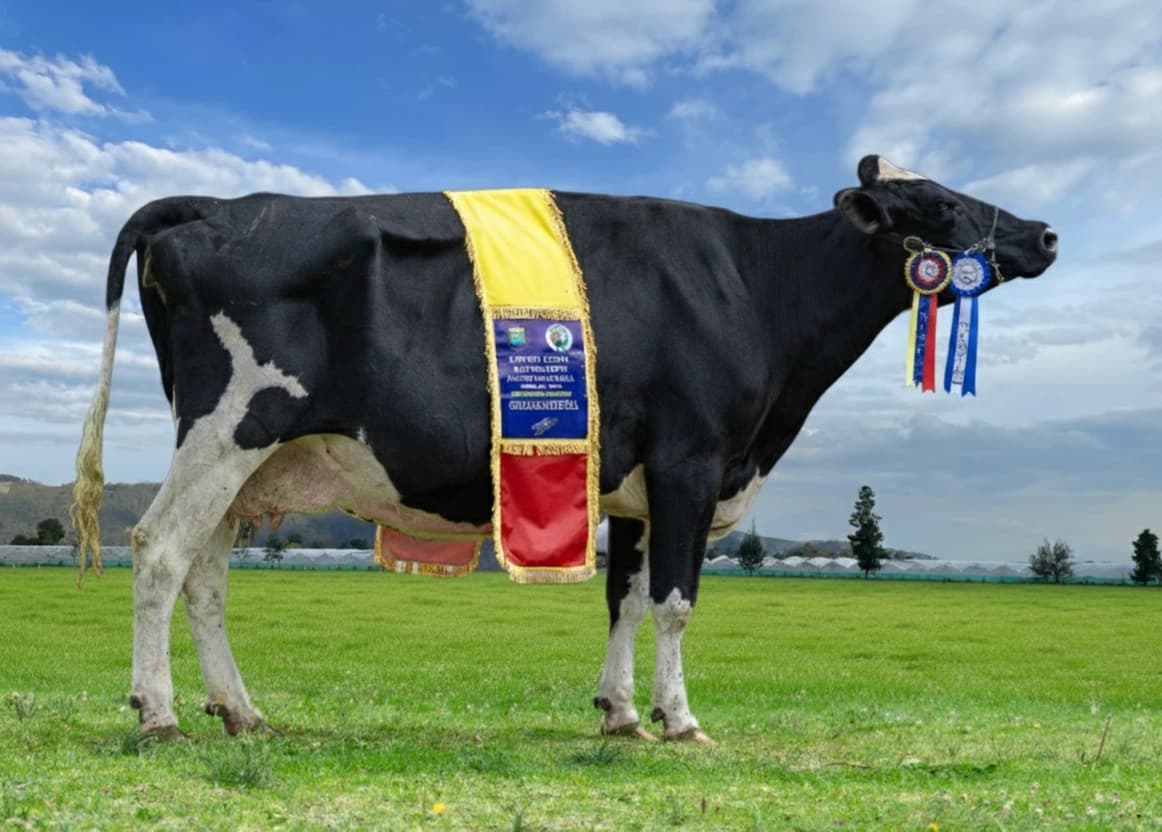 Vaca Holstein campeona de Ganadería La Indiana, con cinta y escarapelas